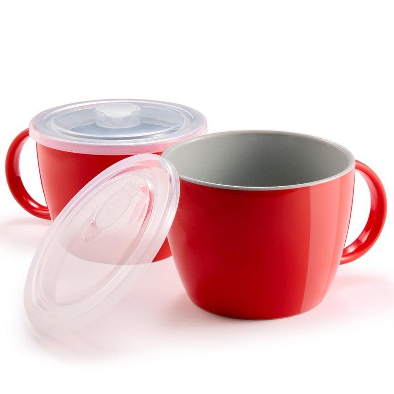 KooK Soup Mugs, Soup Cups with Lid, Microwavable Soup Bowl with Handles, Ceramic with Plastic Lid, for Overnight Oats, Travel Cups, Oversized Coffee Mug, Cereal, 25 Oz, Set of 2, Cherry/Grey - Image 1